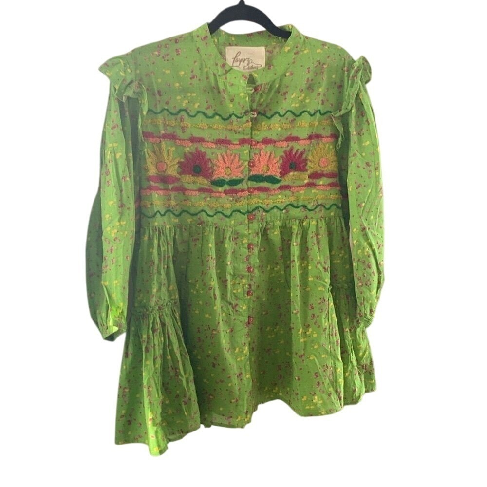 Embroidered Floral Button Up Cottage-core‎ Blouse Tiered Ruffle Green Womens Med